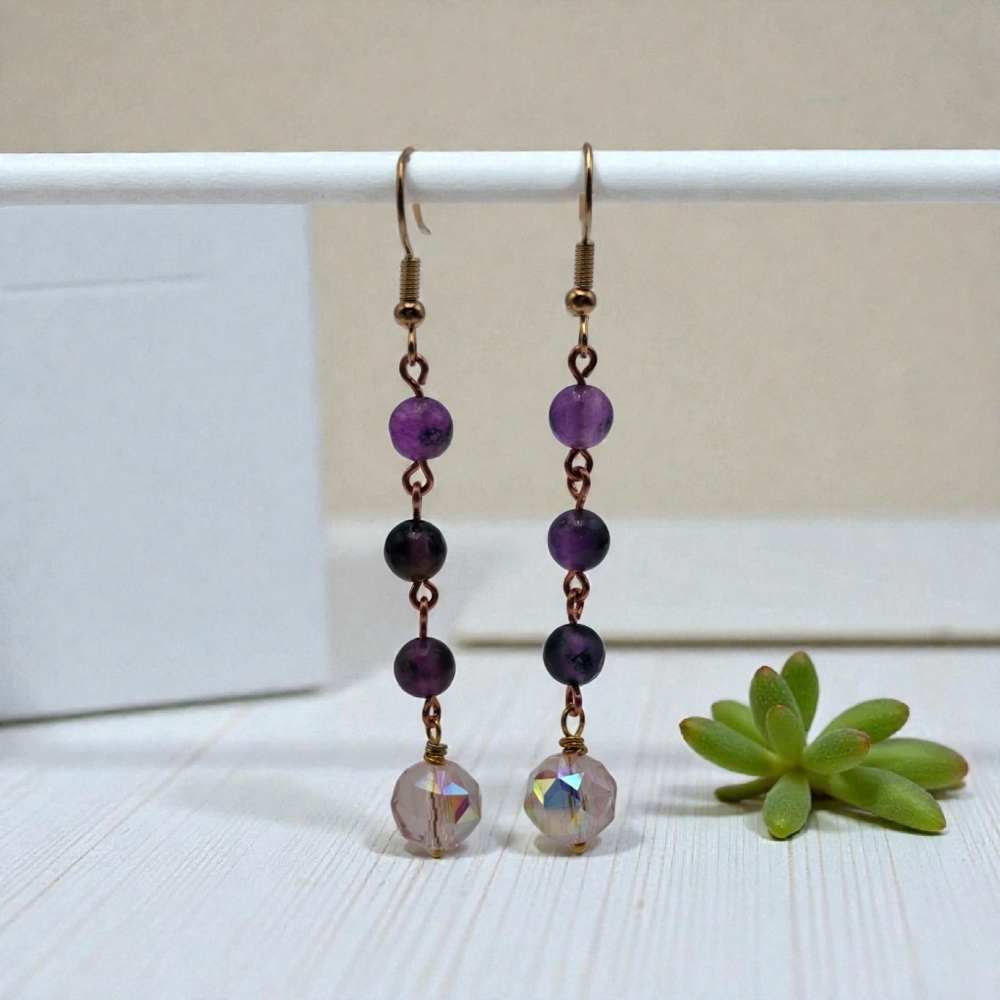 Purple Fluorite Beaded Dangle Earrings – Handmade Crystal Drop Jewelry - Picture 2 of 5